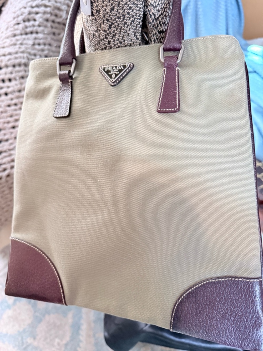 Prada Olive and Brown Canvas & Leather Tote - - Picture 2 of 14